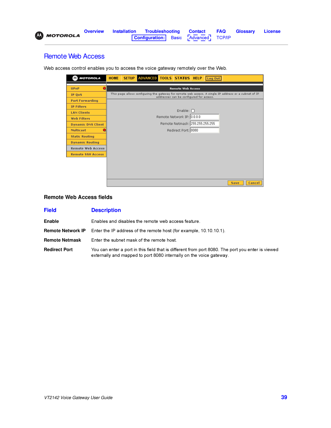 Motorola VT2142 manual Remote Web Access, Remote Netmask, Redirect Port 