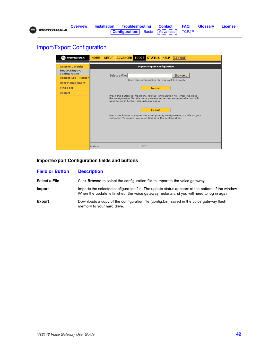 Motorola VT2142 manual Import/Export Configuration, Select a File 