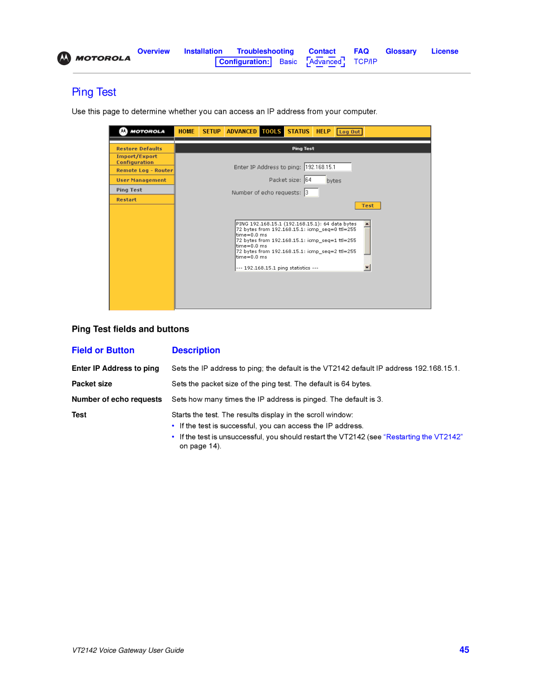 Motorola VT2142 manual Ping Test, Enter IP Address to ping, Packet size, Number of echo requests 