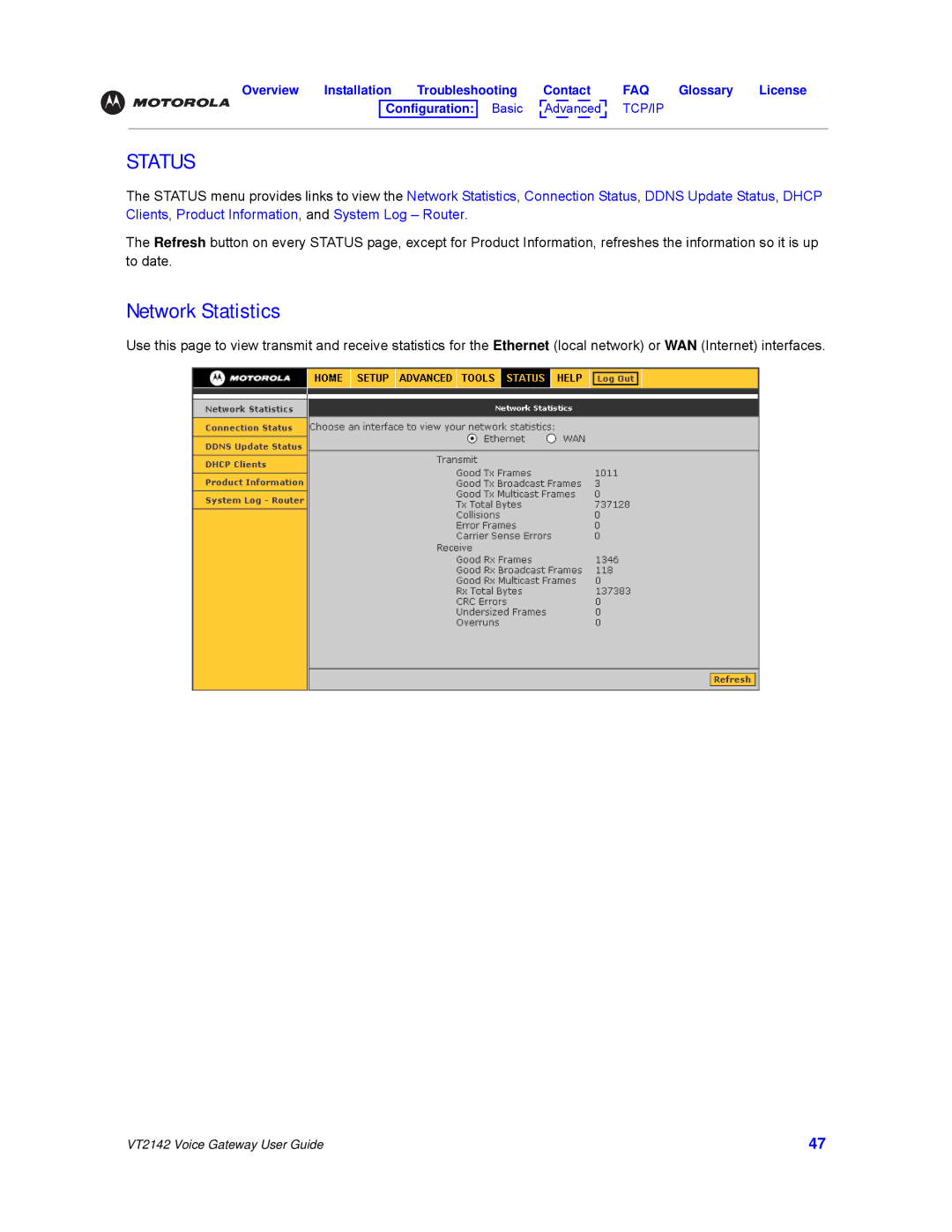 Motorola VT2142 manual Status, Network Statistics 