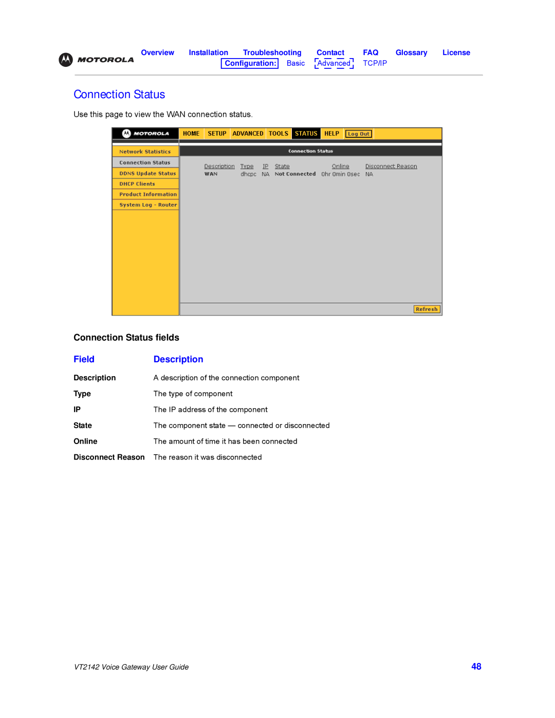 Motorola VT2142 manual Connection Status 