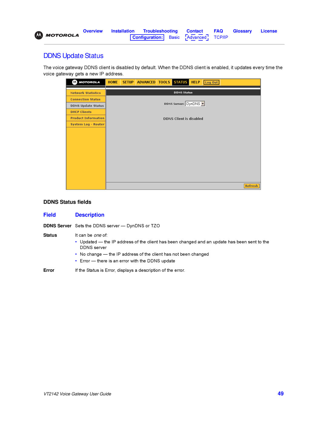 Motorola VT2142 manual Ddns Update Status, Error 