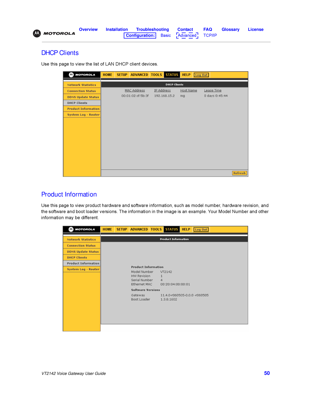 Motorola VT2142 manual Dhcp Clients, Product Information 