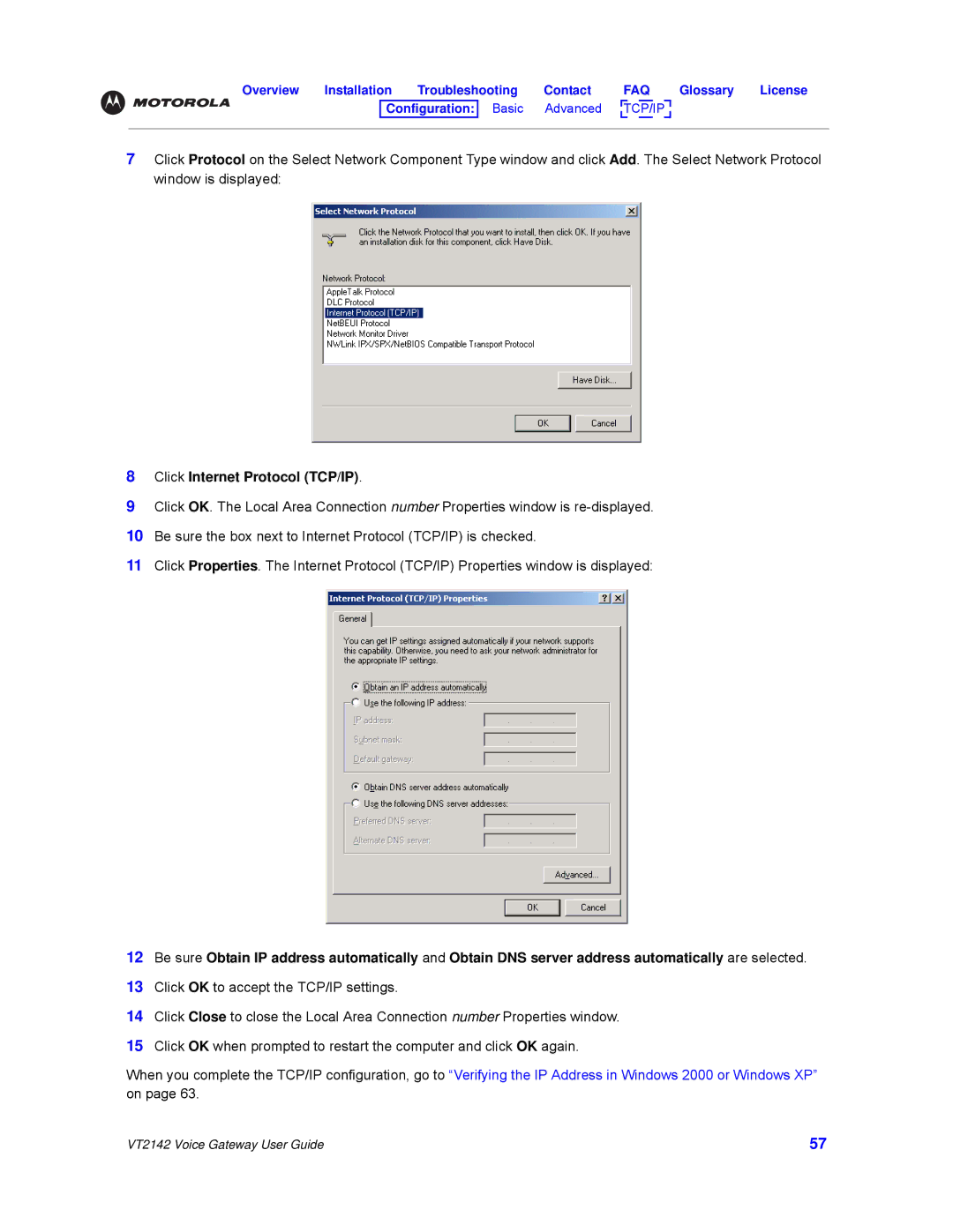 Motorola VT2142 manual Click Internet Protocol TCP/IP 