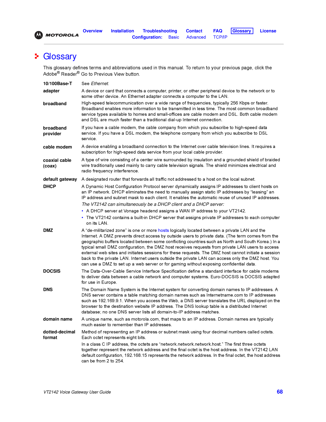 Motorola VT2142 manual Glossary, Domain name, Dotted-decimal, Format 