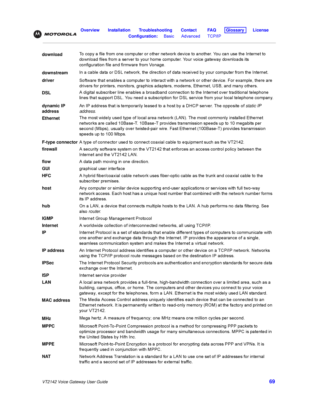 Motorola VT2142 manual Download, Downstream, Driver, Dynamic IP, Ethernet, Firewall, Flow, Host, Hub, Internet, IPSec, MHz 