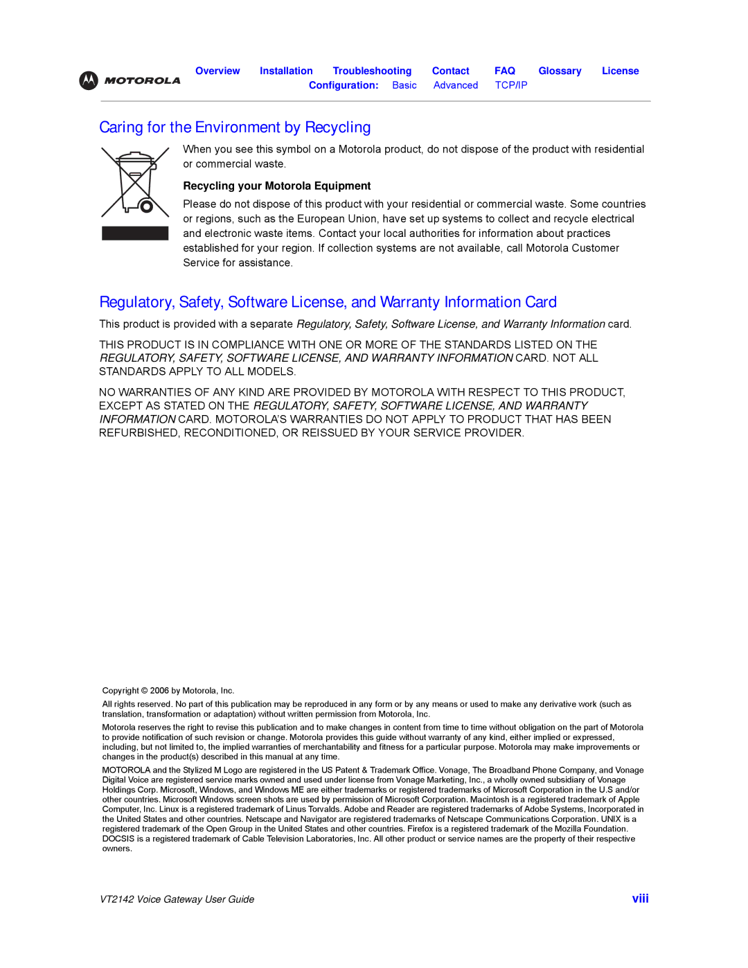 Motorola VT2142 manual Caring for the Environment by Recycling, Recycling your Motorola Equipment 