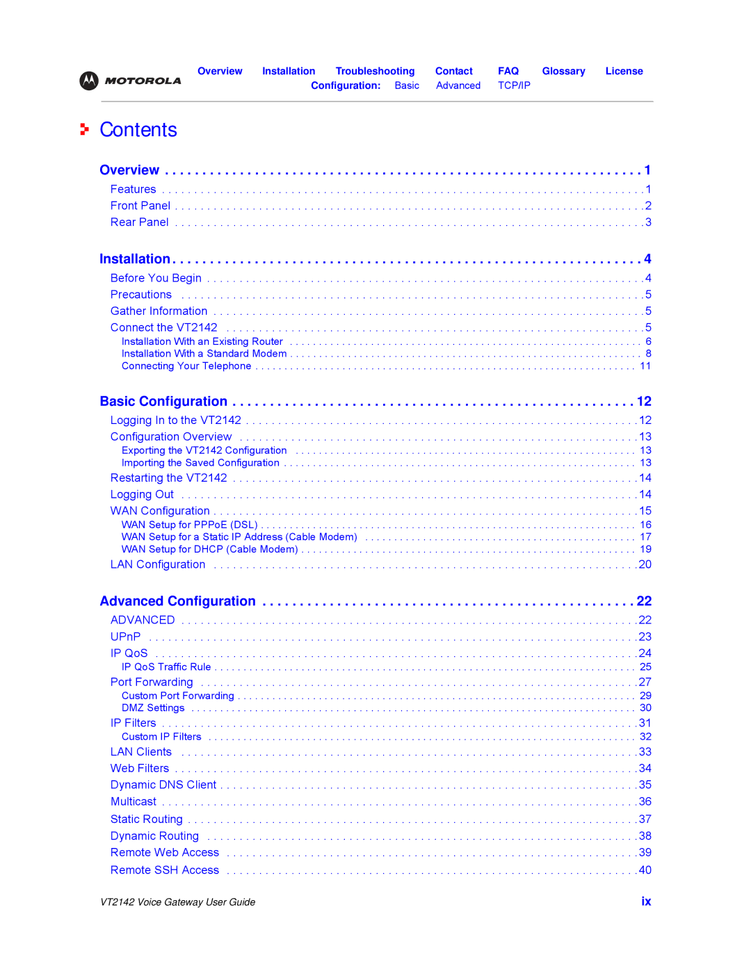 Motorola VT2142 manual Contents 