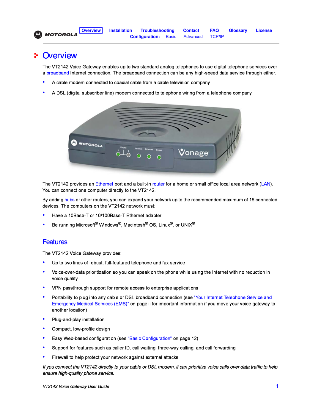 Motorola VT2142 manual Overview, Features 