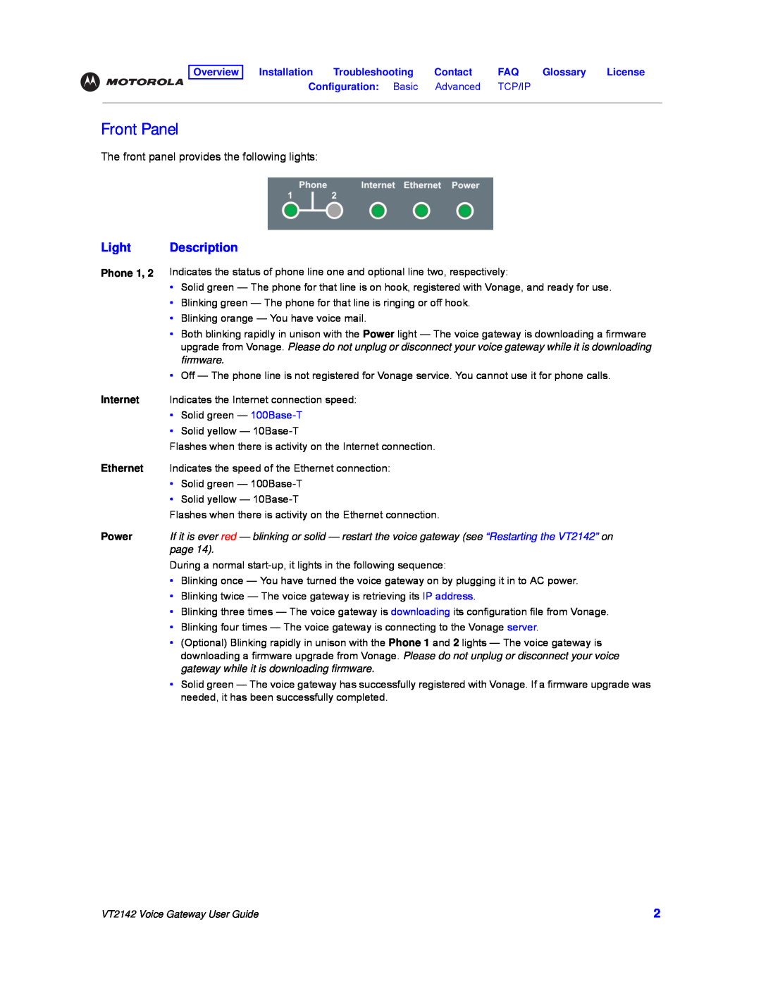 Motorola manual Front Panel, Light, Description, Configuration Basic Advanced TCP/IP, VT2142 Voice Gateway User Guide 