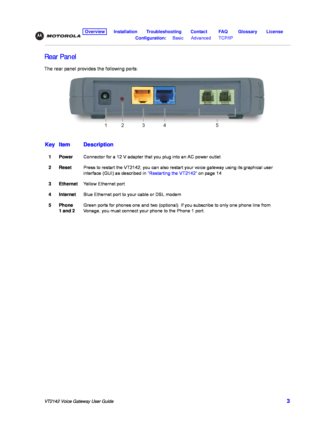Motorola manual Rear Panel, Key Item, Description, Configuration Basic Advanced TCP/IP, VT2142 Voice Gateway User Guide 