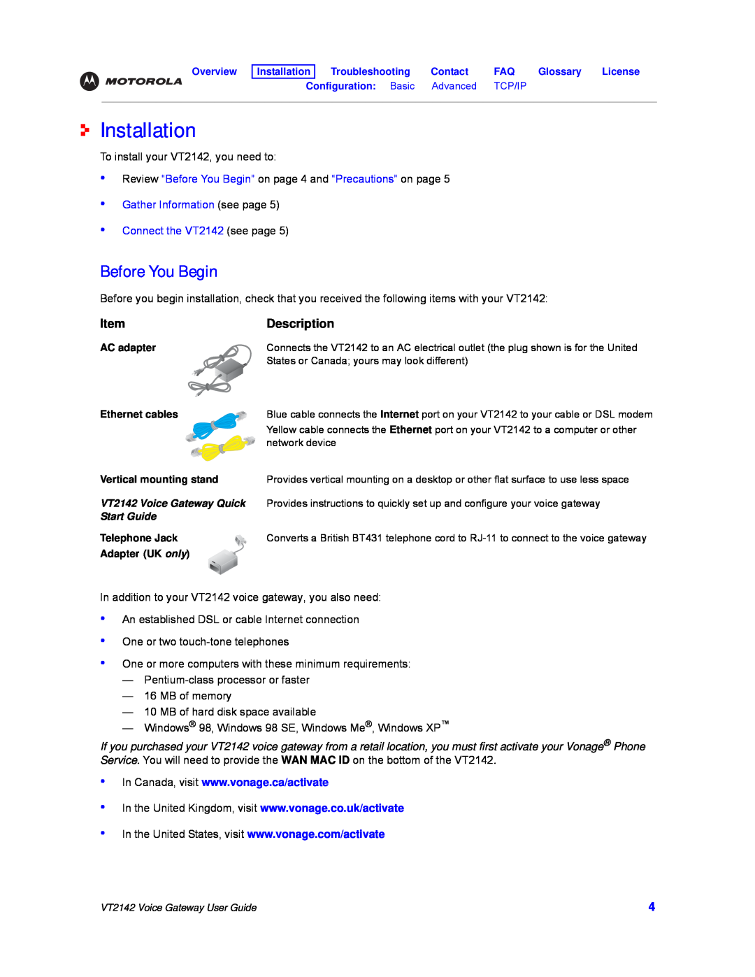 Motorola VT2142 Installation, Description, Review “Before You Begin” on page 4 and “Precautions” on page, Start Guide 