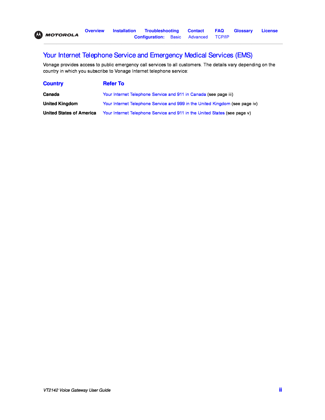 Motorola VT2142 manual Your Internet Telephone Service and Emergency Medical Services EMS, Country, Refer To 