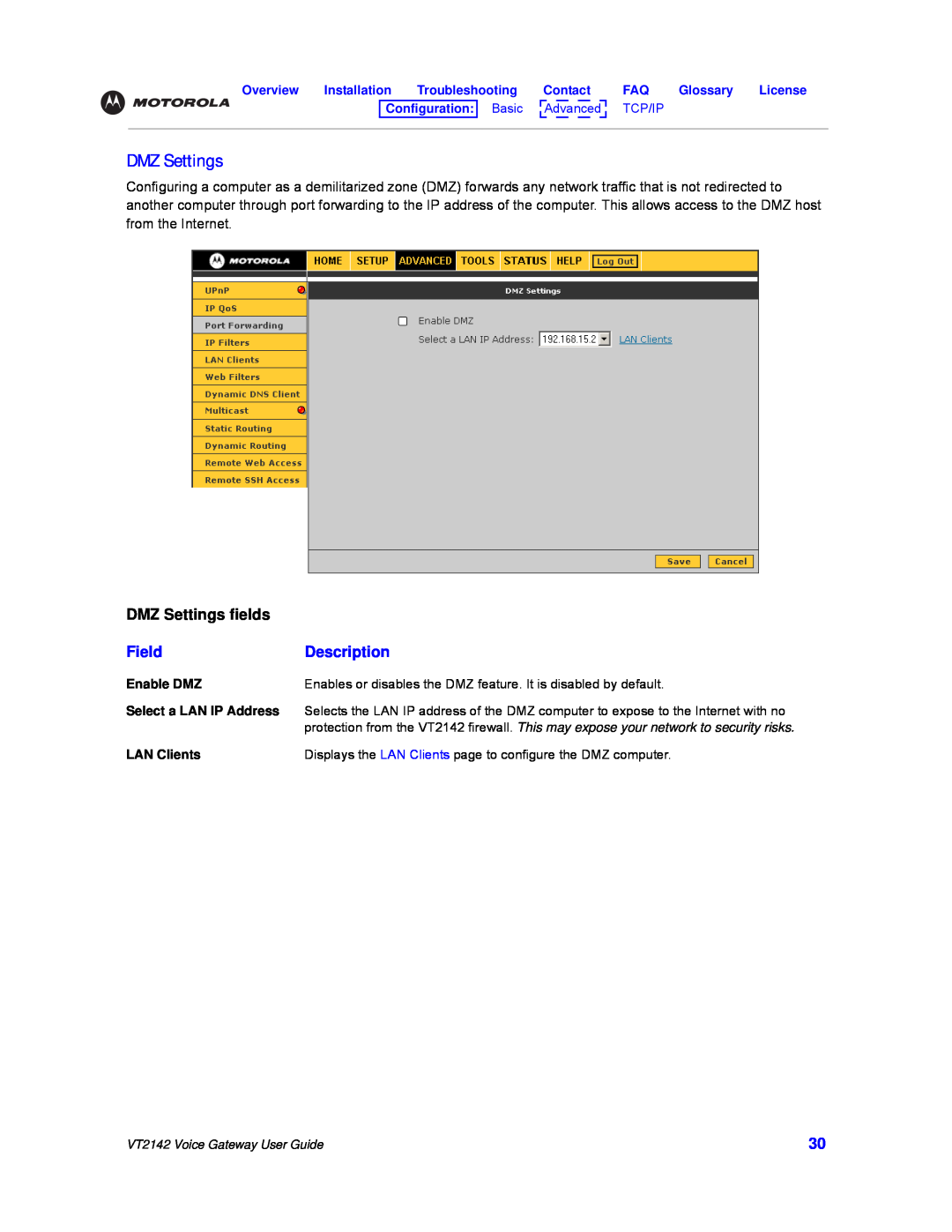 Motorola VT2142 manual DMZ Settings fields, Field, Description 