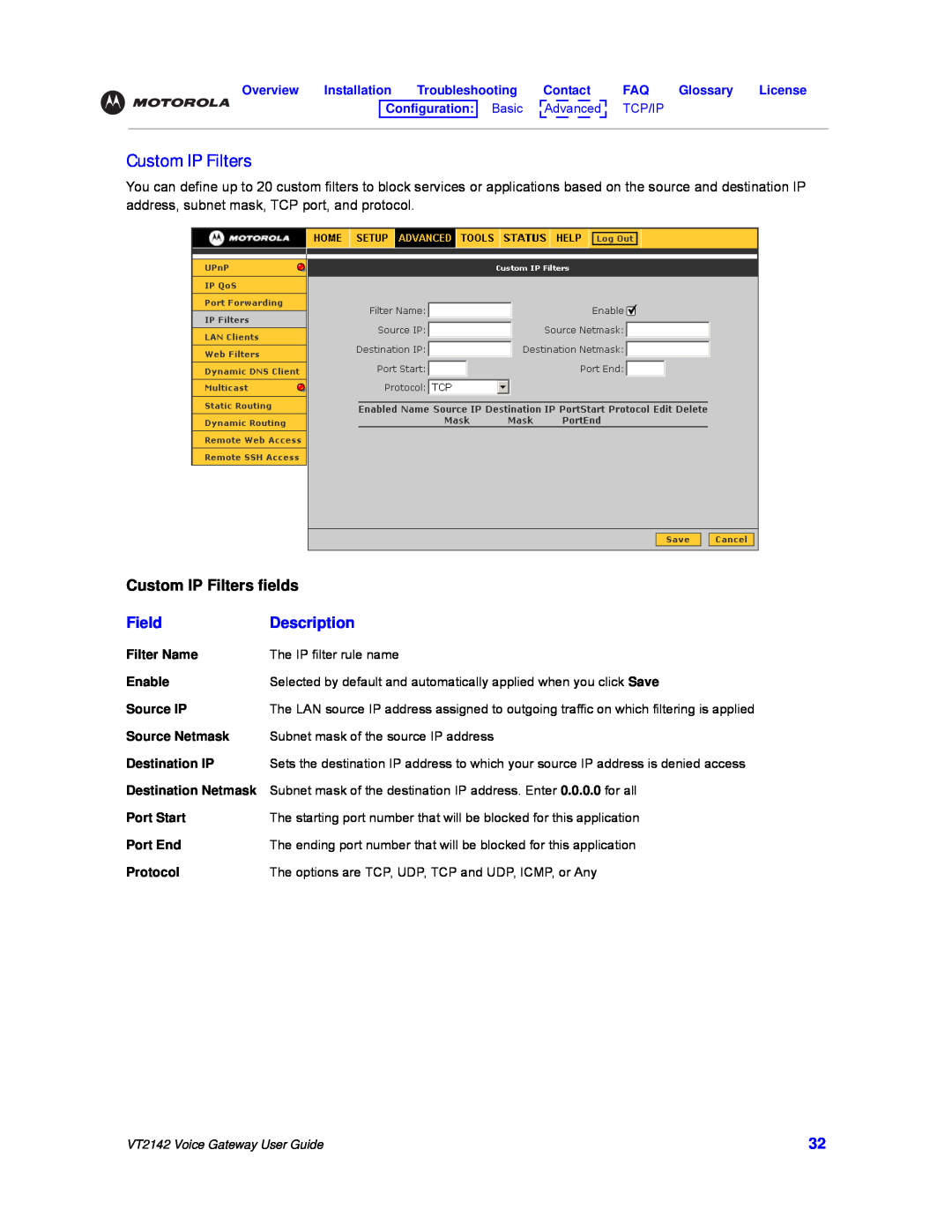 Motorola VT2142 manual Custom IP Filters fields, Field, Description, Configuration Basic Advanced TCP/IP 