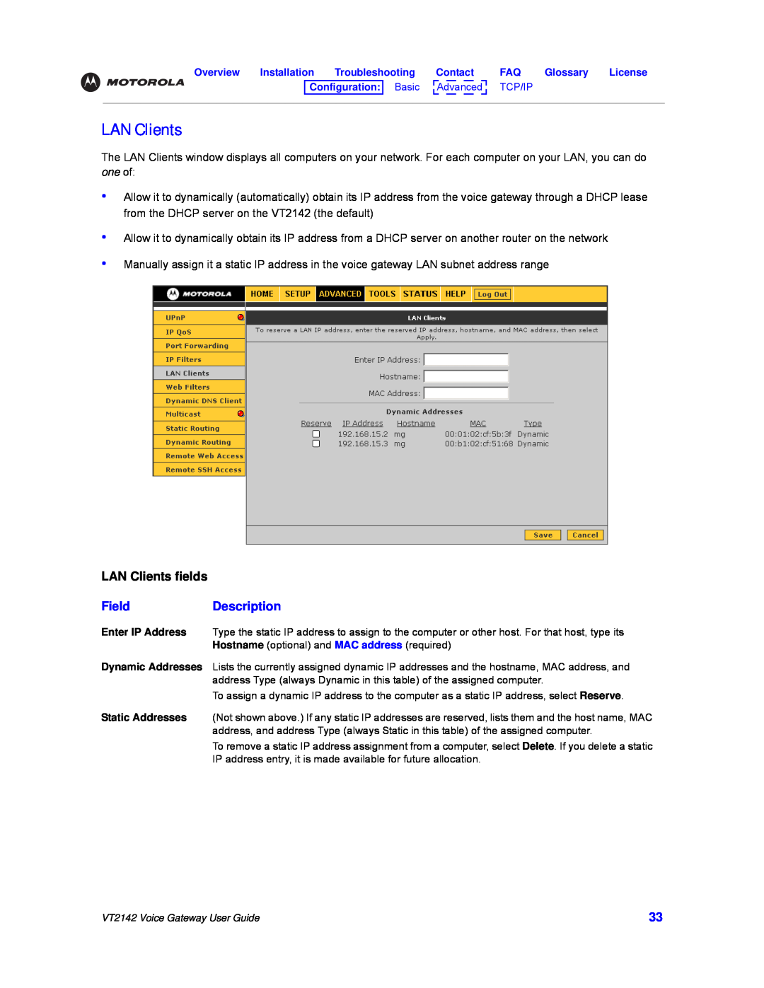 Motorola VT2142 manual LAN Clients fields, FieldDescription 