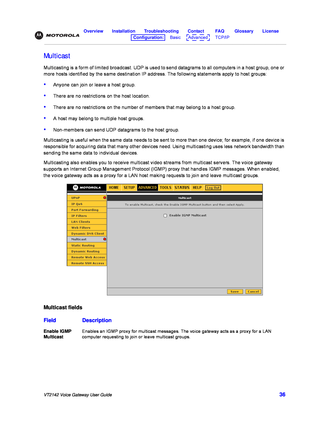 Motorola VT2142 manual Multicast fields, Field, Description 