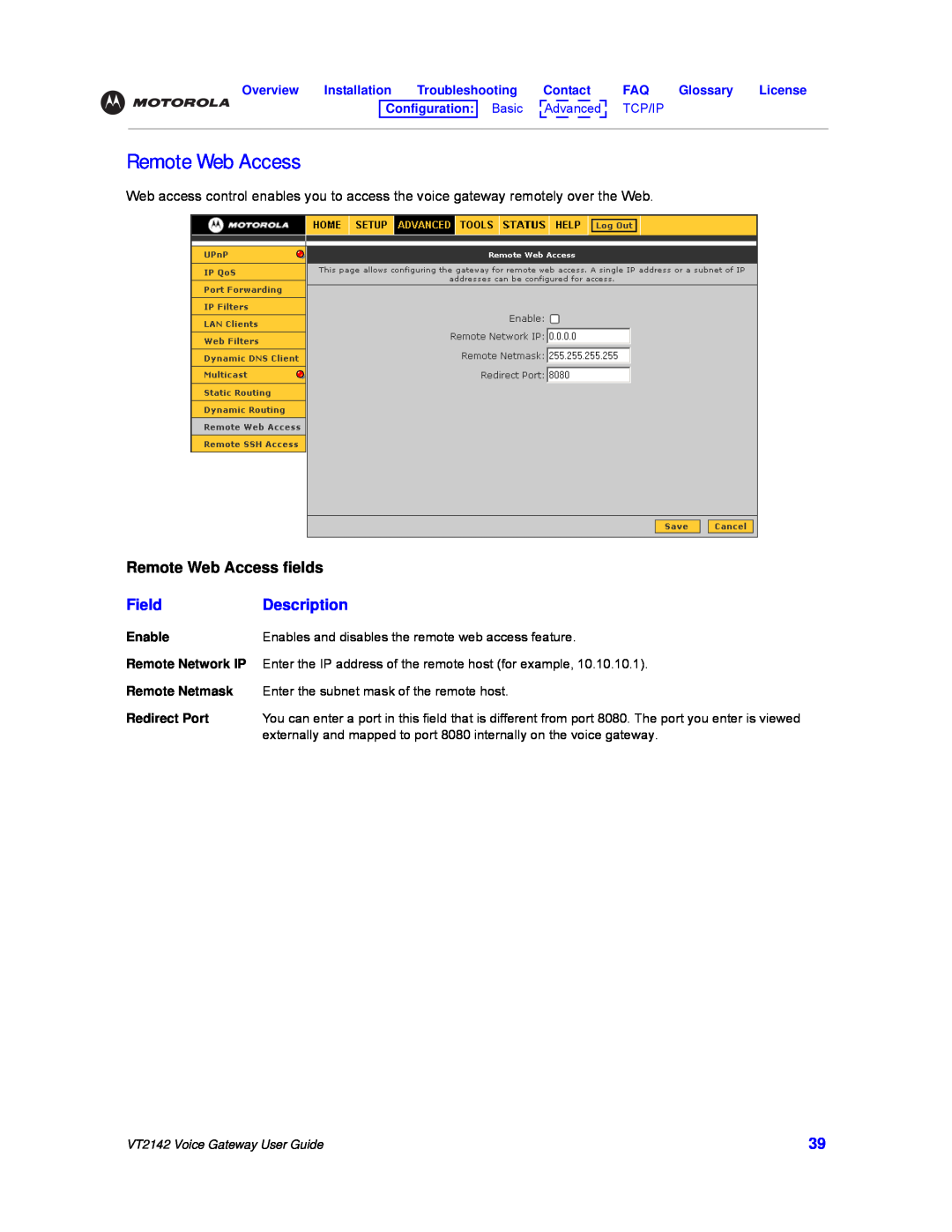 Motorola VT2142 manual Remote Web Access fields, Field, Description, Configuration Basic Advanced TCP/IP 