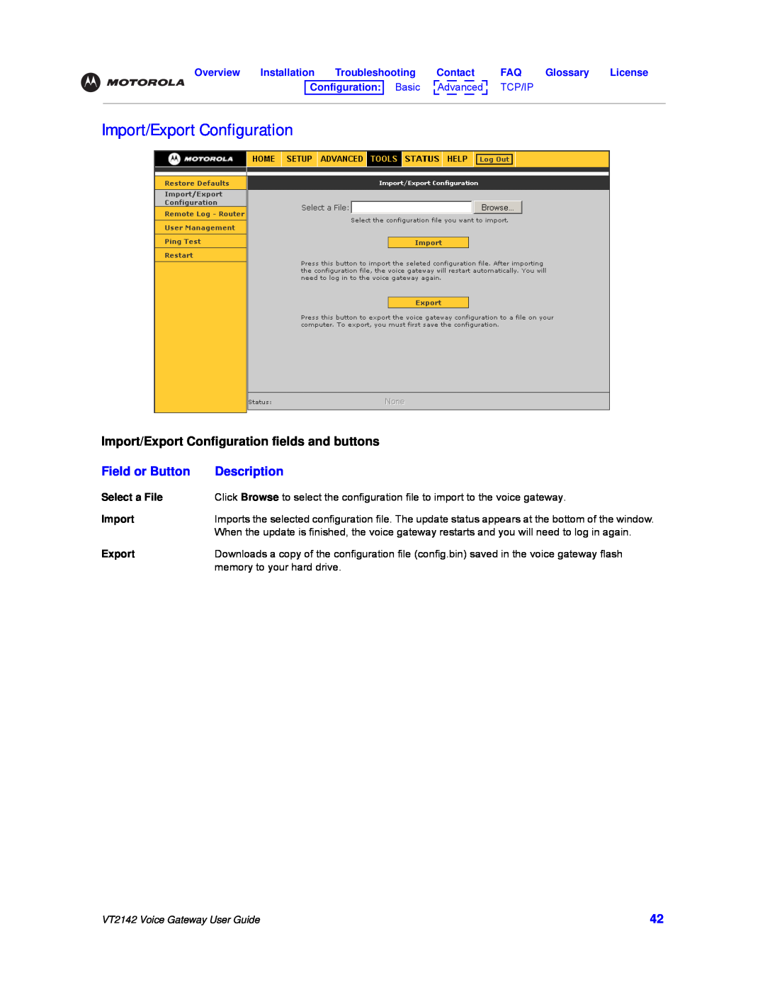 Motorola VT2142 manual Import/Export Configuration fields and buttons, Field or Button, Description 