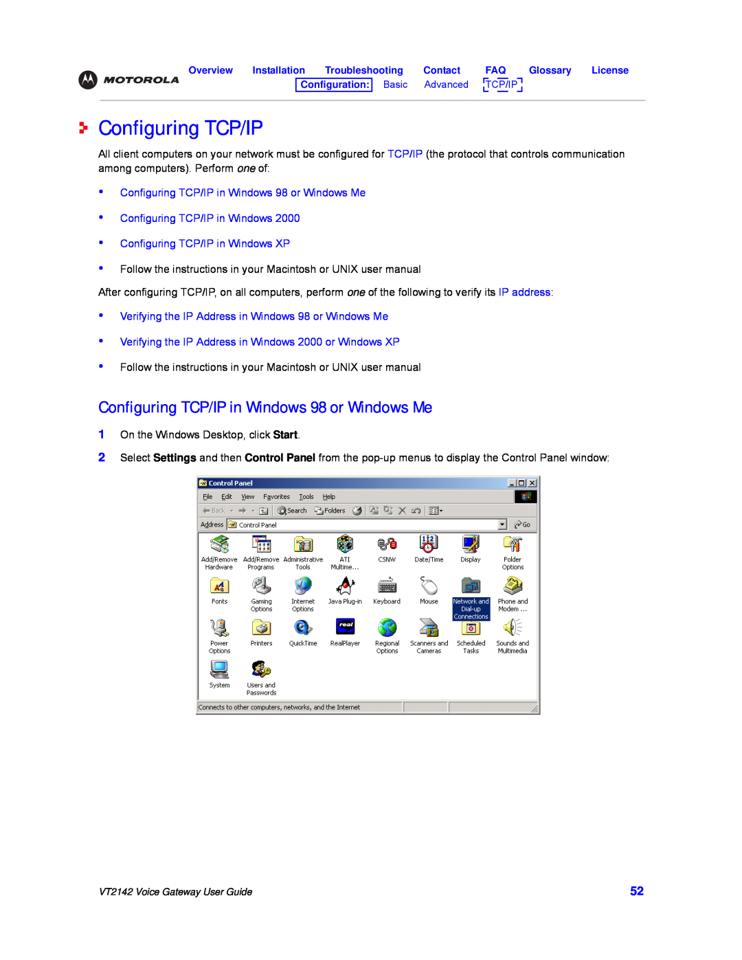 Motorola VT2142 Configuring TCP/IP in Windows 98 or Windows Me, Verifying the IP Address in Windows 98 or Windows Me 