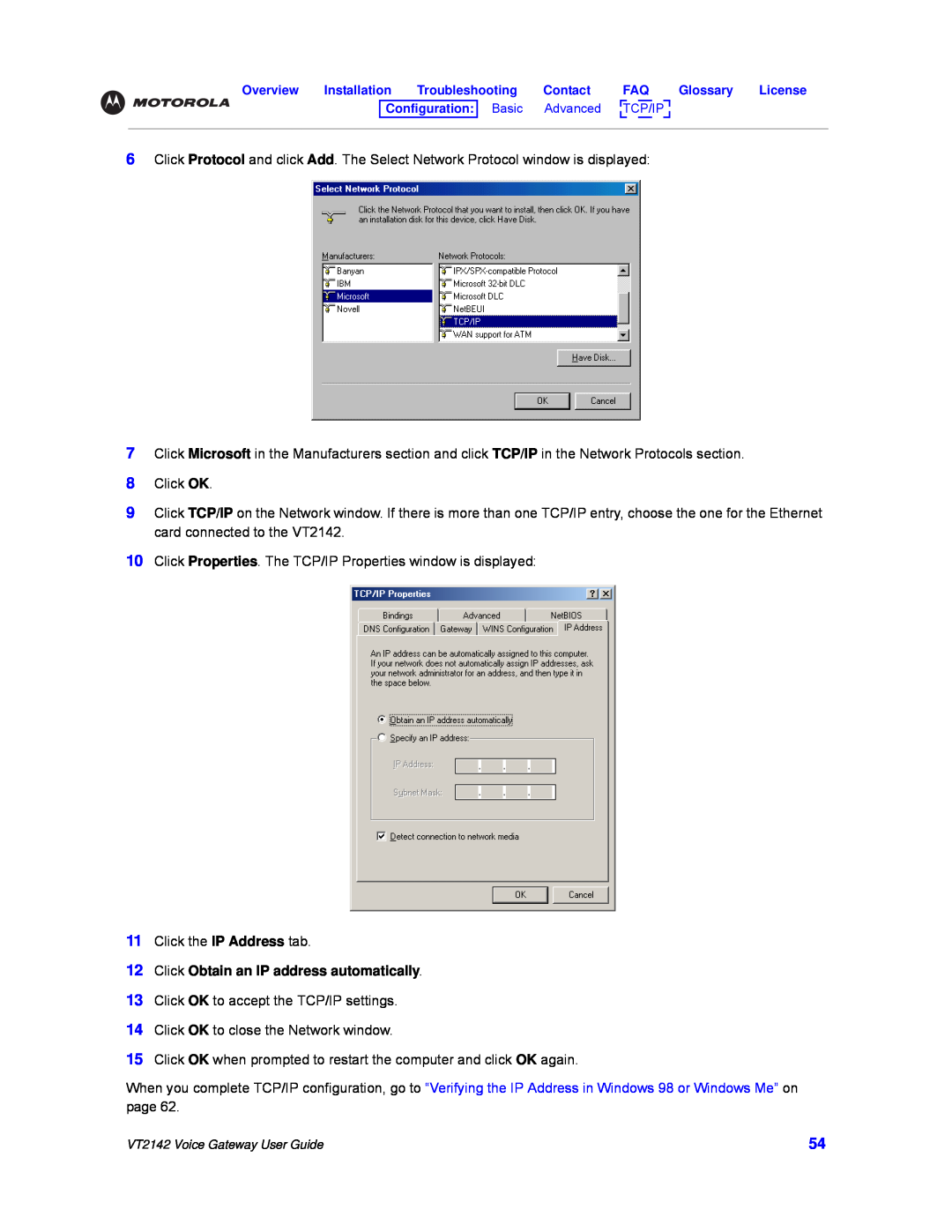 Motorola VT2142 manual Click Obtain an IP address automatically 