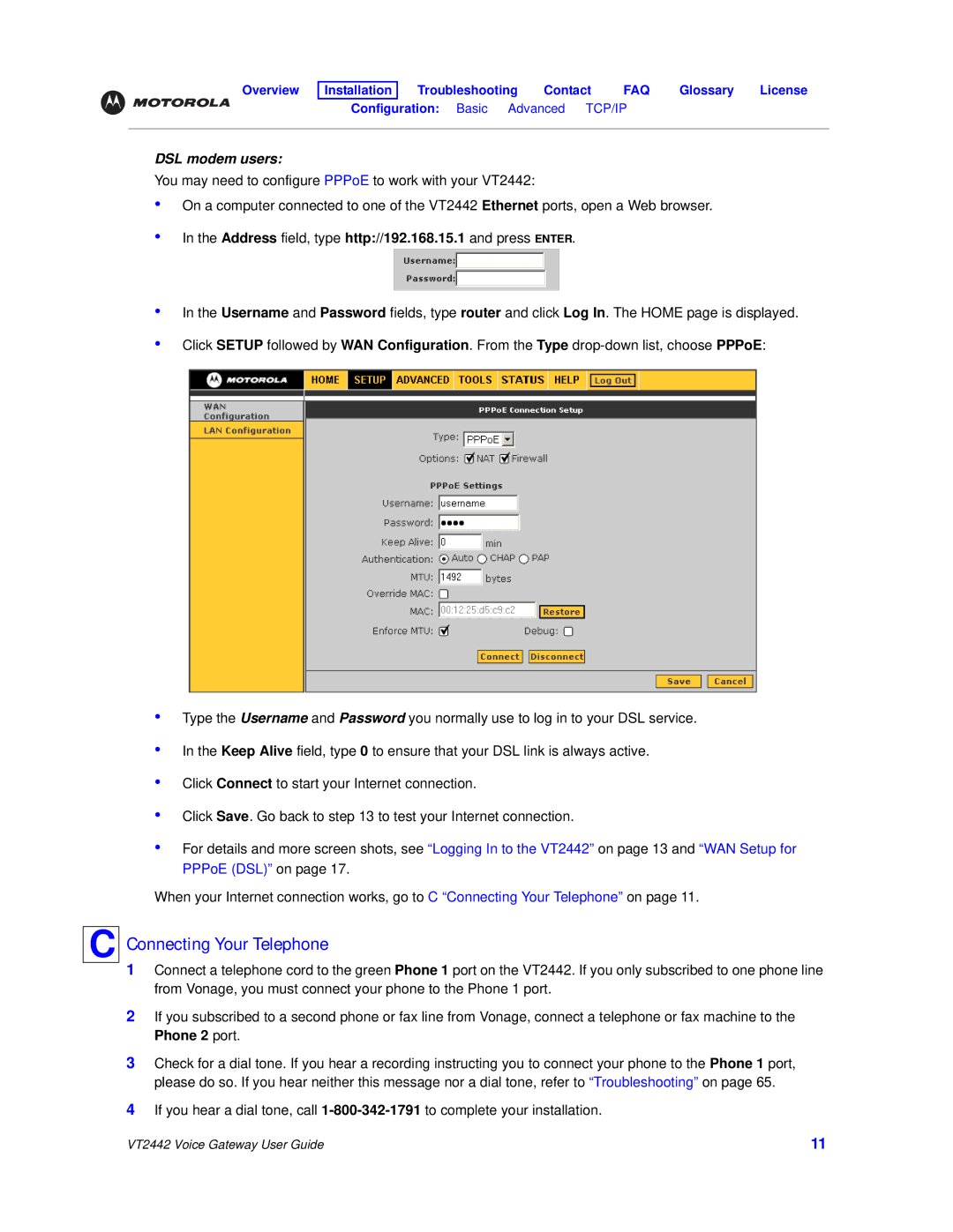 Motorola VT2442 manual Connecting Your Telephone, DSL modem users 