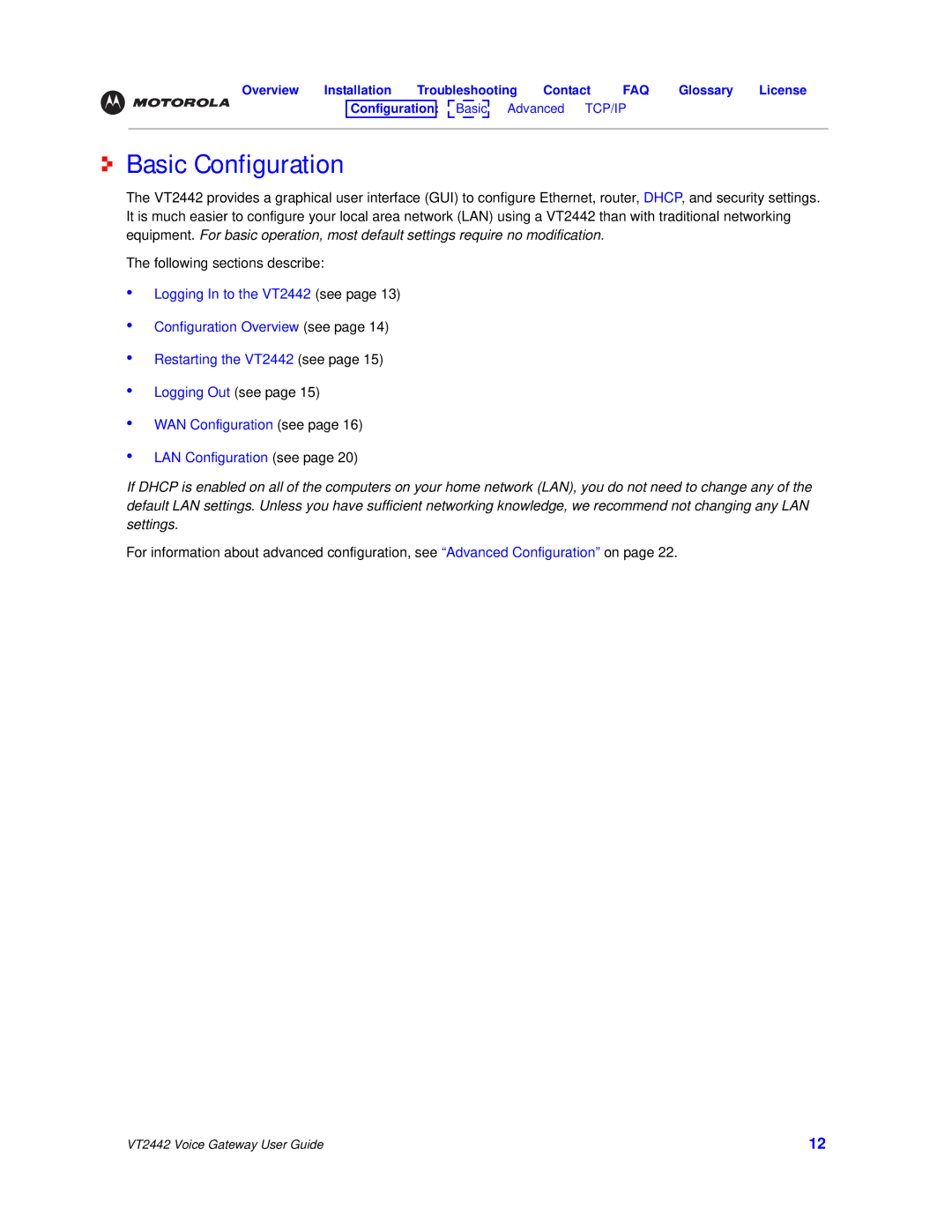 Motorola VT2442 manual Basic Configuration 