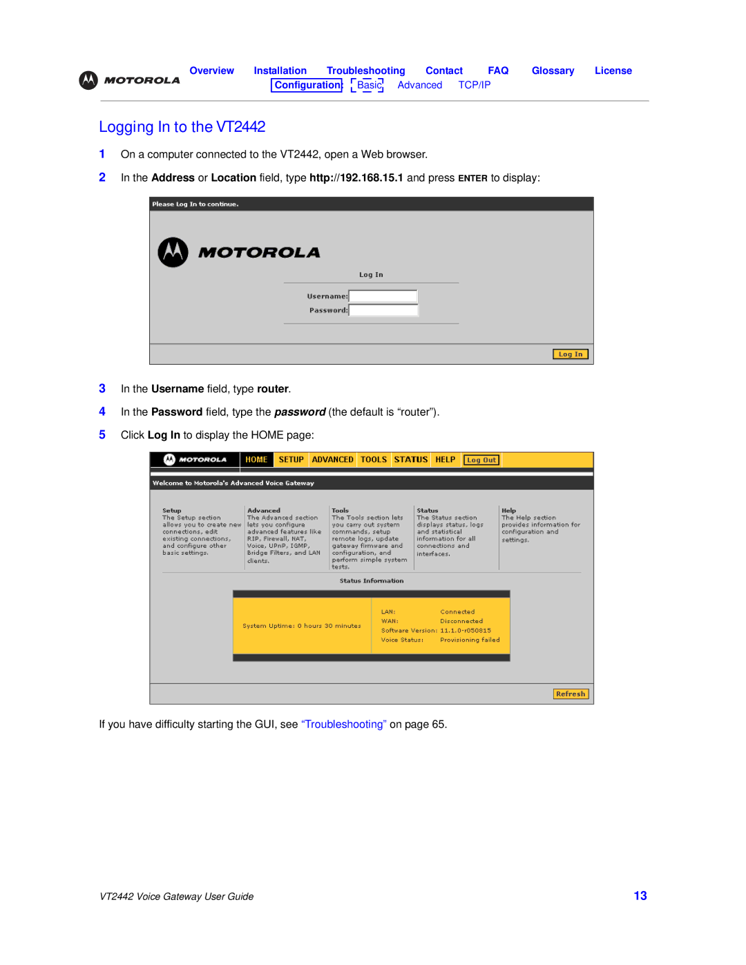 Motorola manual Logging In to the VT2442 