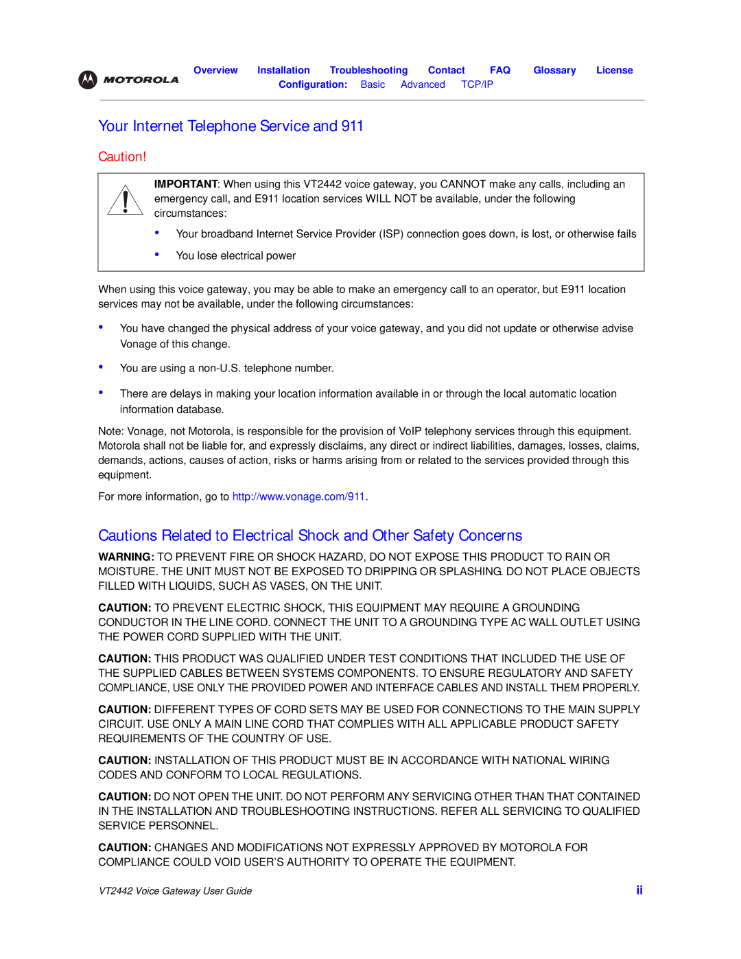 Motorola VT2442 manual Your Internet Telephone Service 