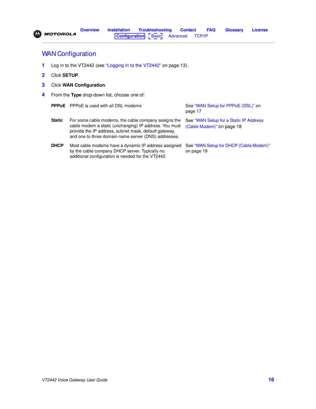 Motorola VT2442 manual Click WAN Configuration 