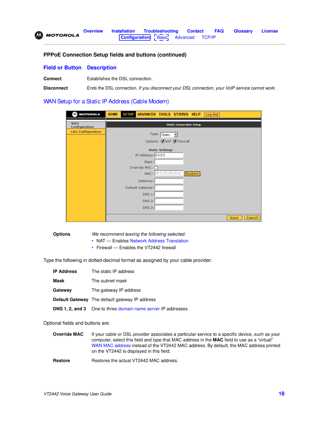 Motorola VT2442 manual WAN Setup for a Static IP Address Cable Modem 