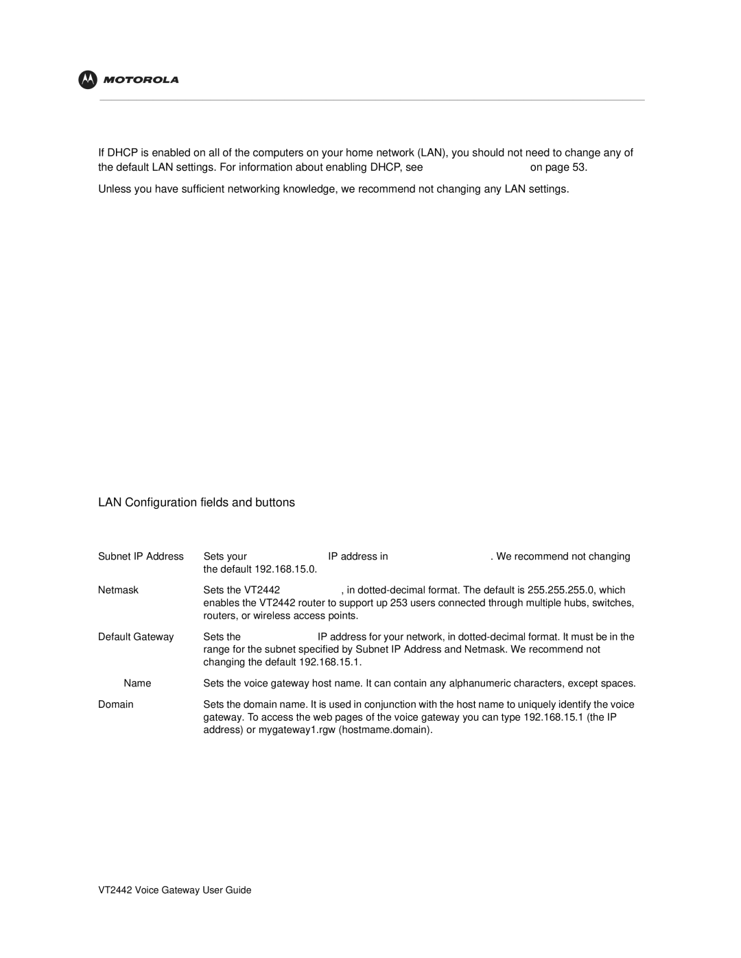 Motorola VT2442 manual LAN Configuration, Subnet IP Address, Netmask, Default Gateway, Domain 