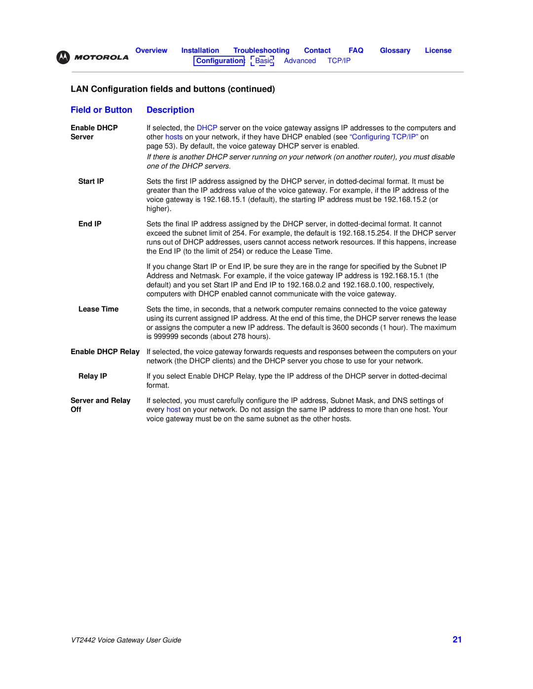 Motorola VT2442 manual Enable Dhcp, Start IP, End IP, Lease Time, Relay IP, Server and Relay, Off 