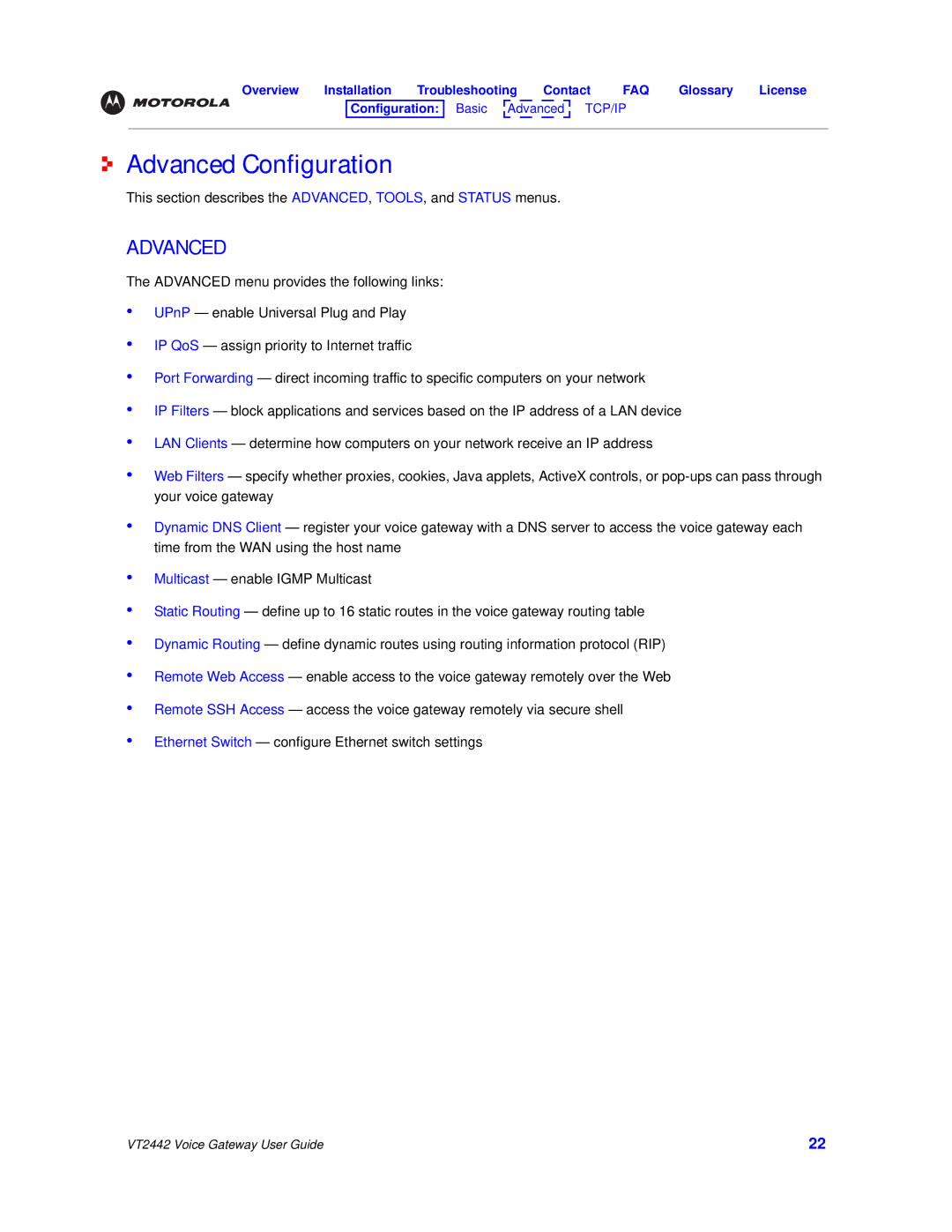 Motorola VT2442 manual Advanced Configuration 