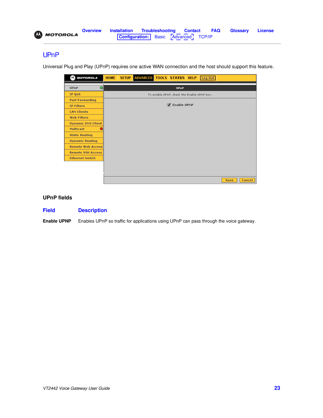 Motorola VT2442 manual UPnP, Field Description 