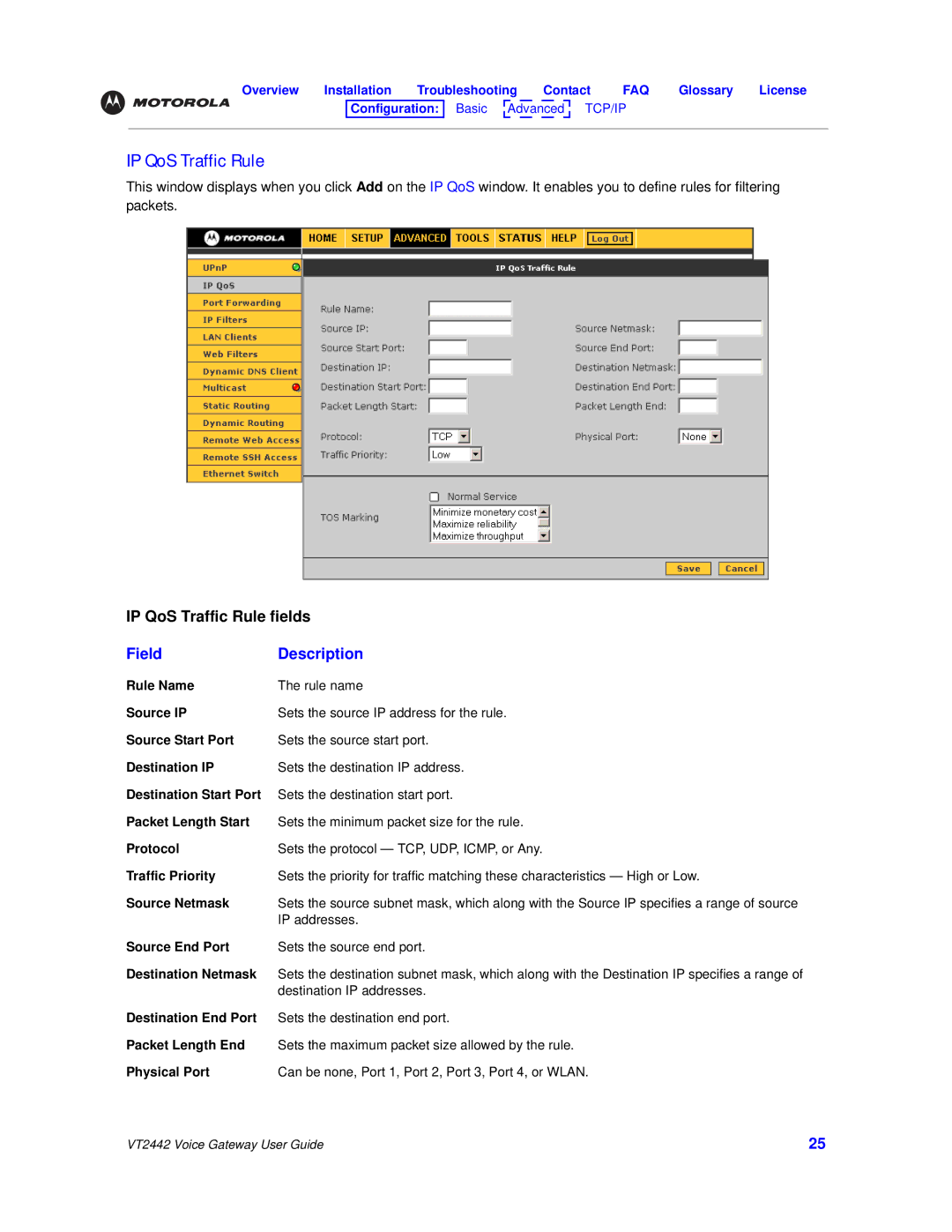 Motorola VT2442 manual IP QoS Traffic Rule 