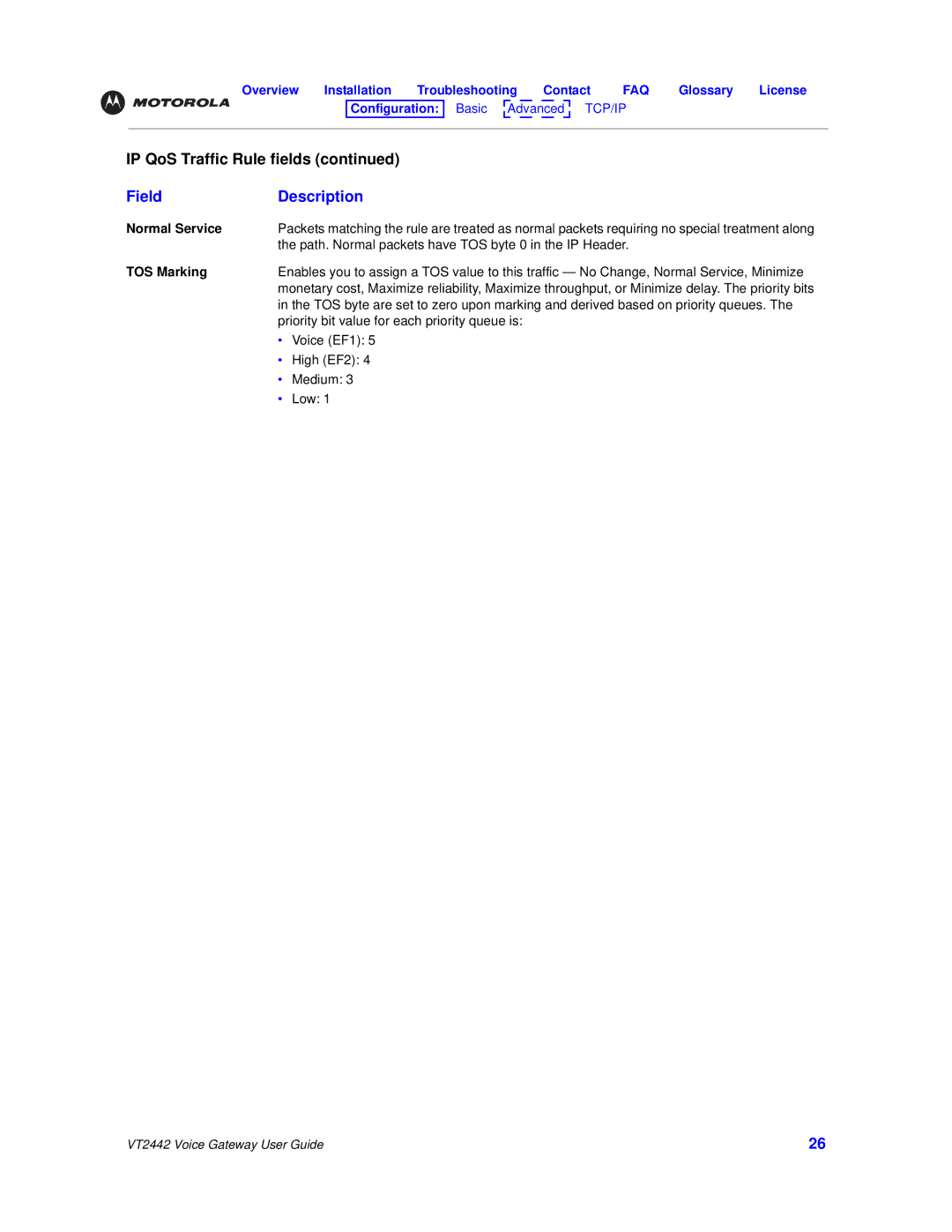 Motorola VT2442 manual Normal Service, TOS Marking 