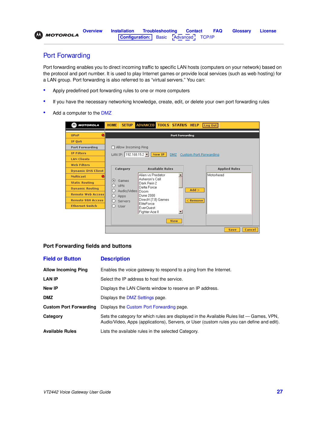 Motorola VT2442 manual Port Forwarding 