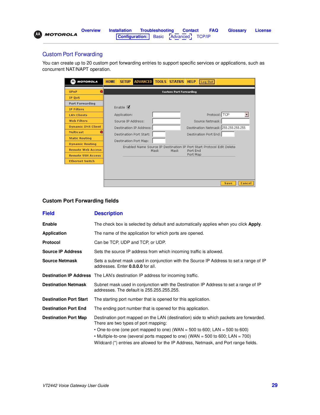 Motorola VT2442 manual Custom Port Forwarding, Enable, Application, Source IP Address, Destination IP Address 