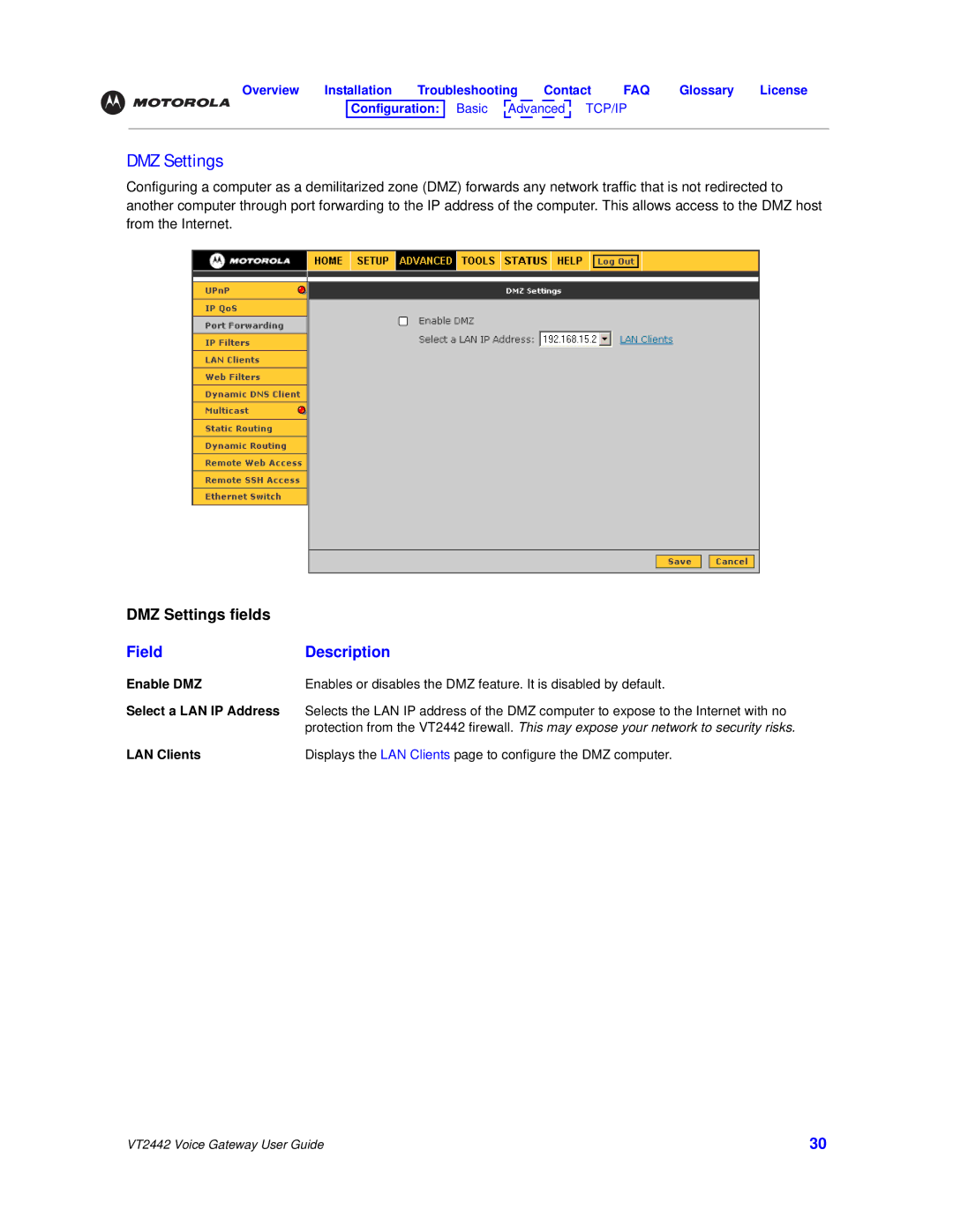 Motorola VT2442 manual DMZ Settings, Enable DMZ, Select a LAN IP Address, LAN Clients 