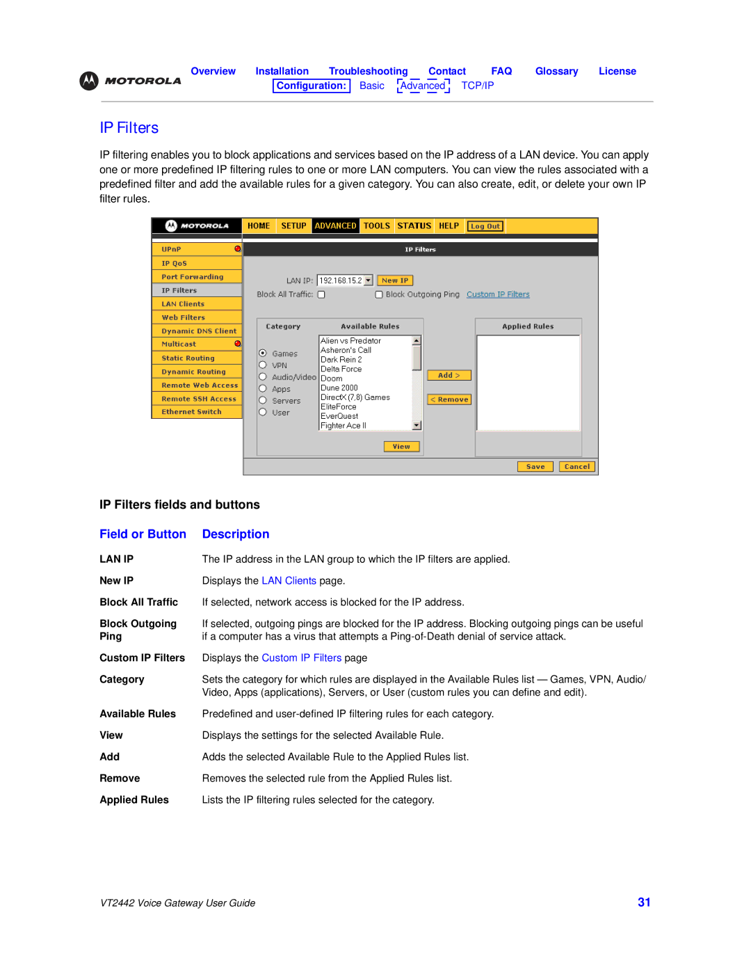 Motorola VT2442 manual IP Filters 