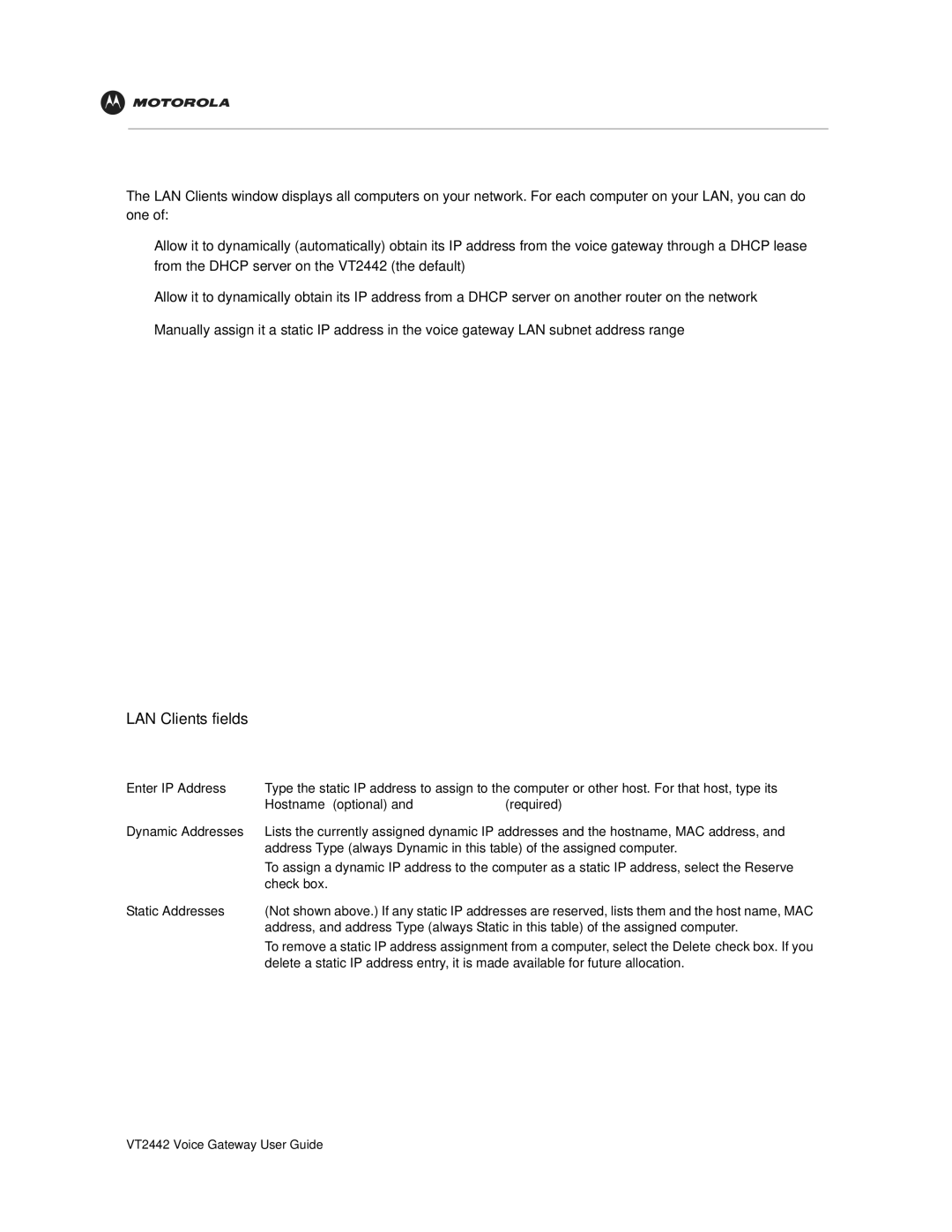 Motorola VT2442 manual LAN Clients, FieldDescription 