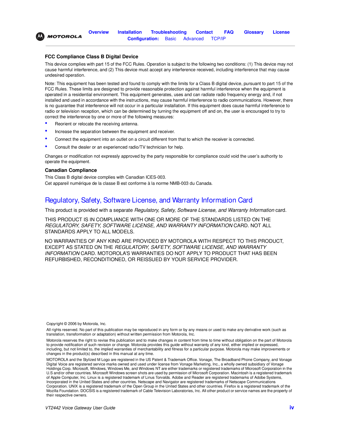 Motorola VT2442 manual FCC Compliance Class B Digital Device 