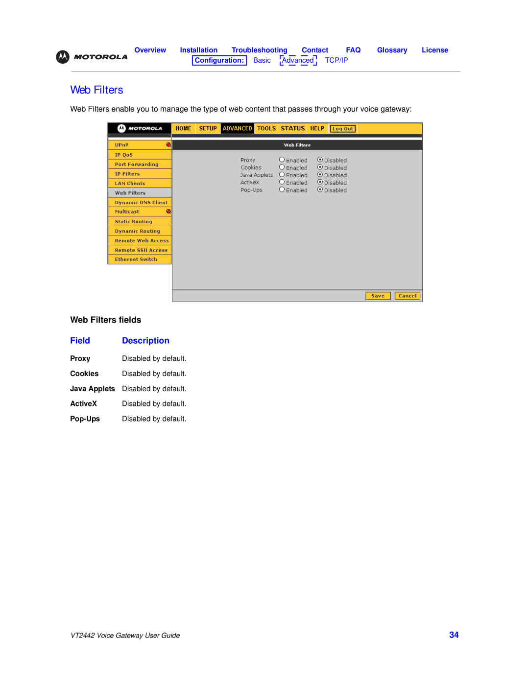 Motorola VT2442 manual Web Filters 