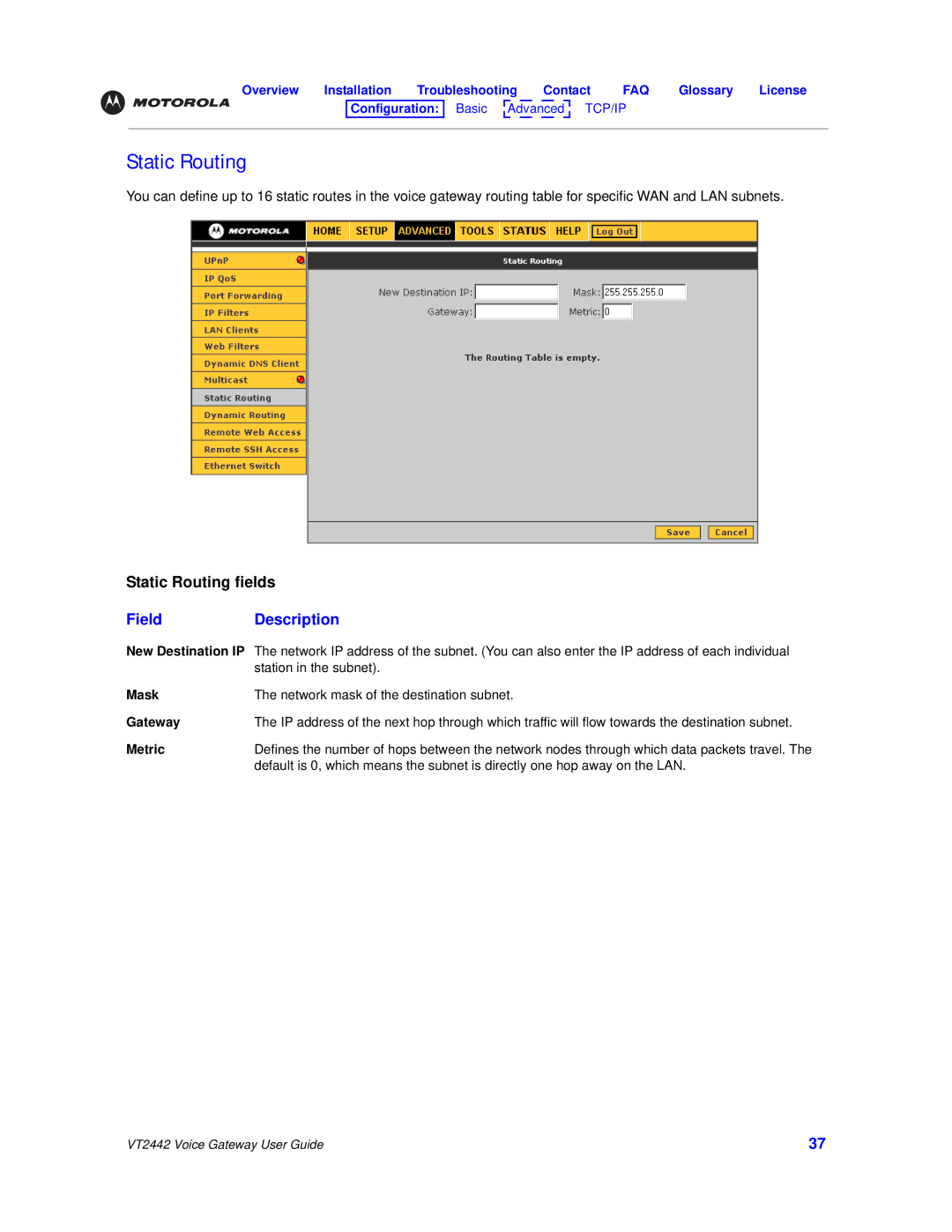 Motorola VT2442 manual Static Routing, Metric 