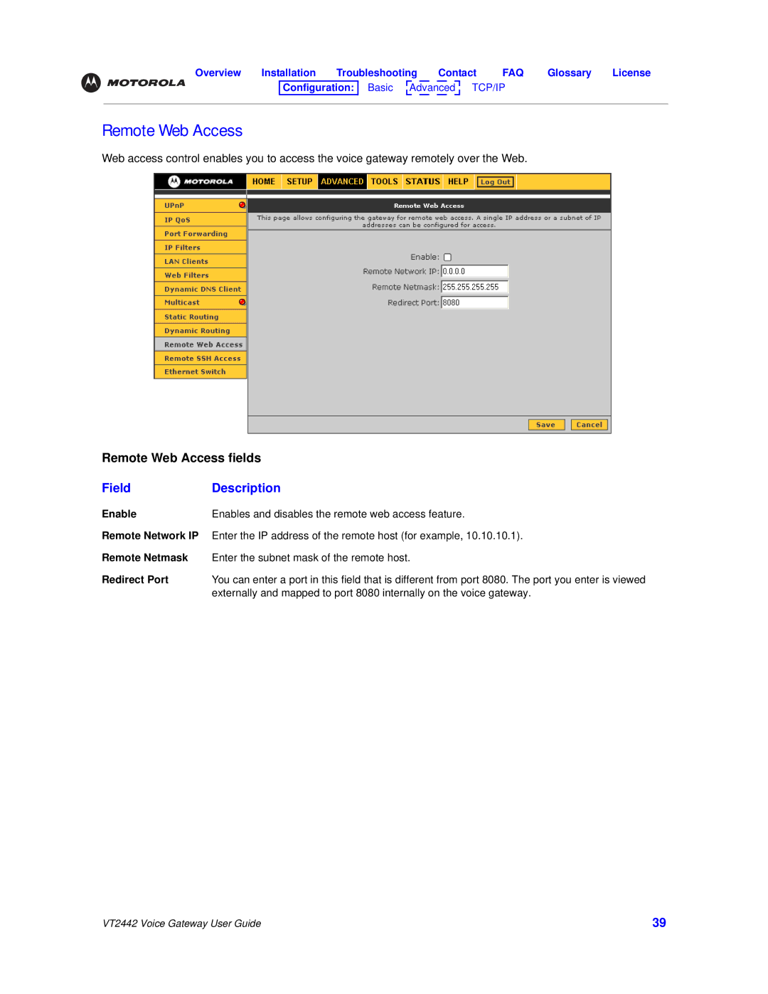 Motorola VT2442 manual Remote Web Access, Remote Netmask, Redirect Port 