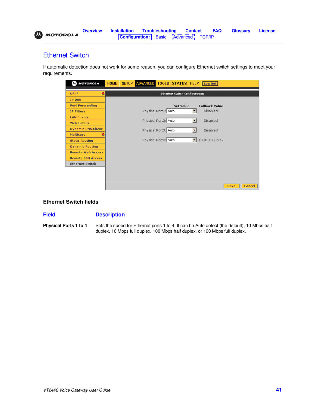 Motorola VT2442 manual Ethernet Switch 