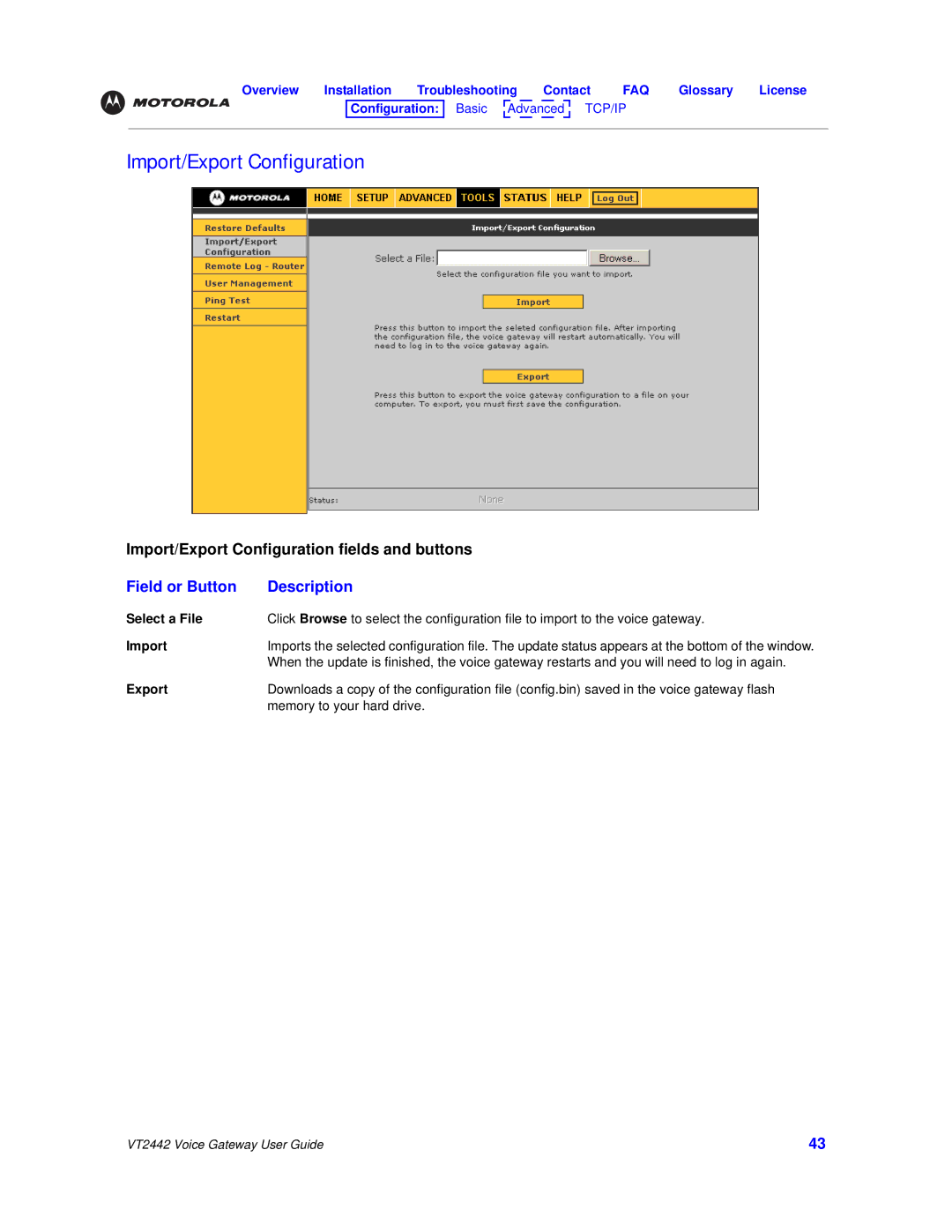 Motorola VT2442 manual Import/Export Configuration, Select a File 