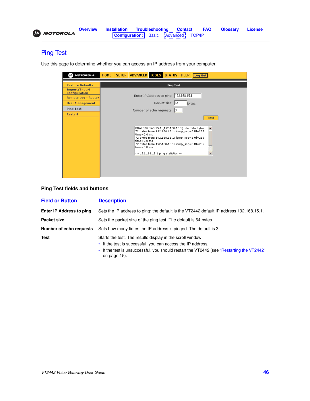 Motorola VT2442 manual Ping Test, Enter IP Address to ping, Packet size, Number of echo requests 