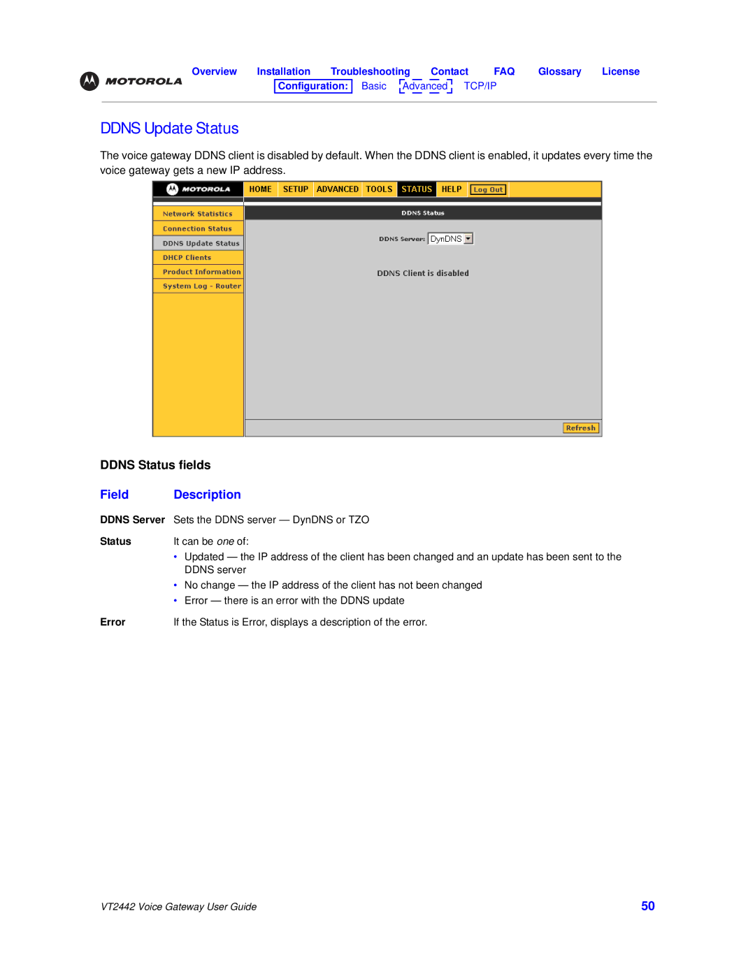 Motorola VT2442 manual Ddns Update Status, Error 